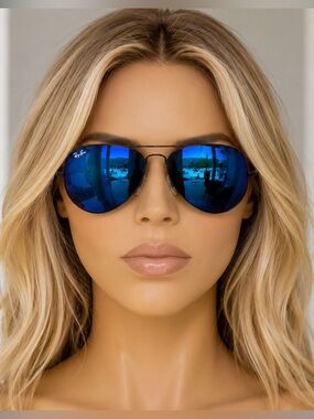 Ray-Ban RB3025 Aviator Large Metal Sunglasses – Blue Mirror Lenses – Black Frame